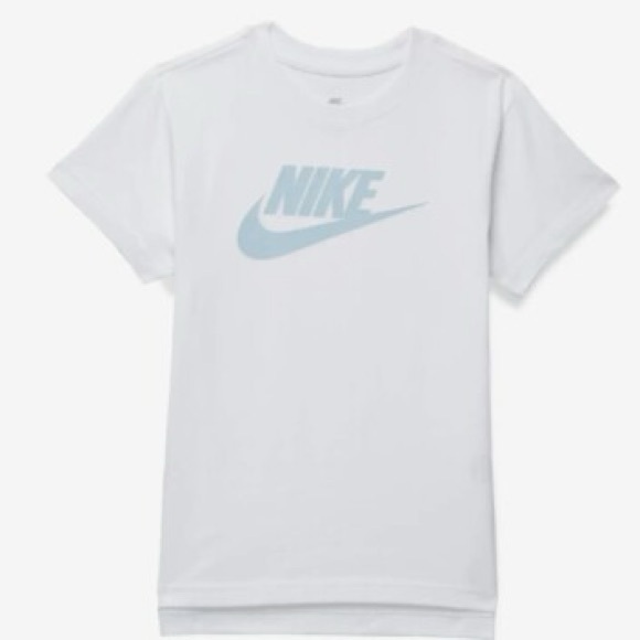 Nike Kids White Tee with Light Blue Logo - Picture 1 of 3